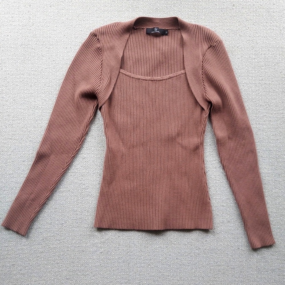 LILLUSORY Sweater Womens M Brown EZls529 Ribbed Knit Square Neck Shrug Top